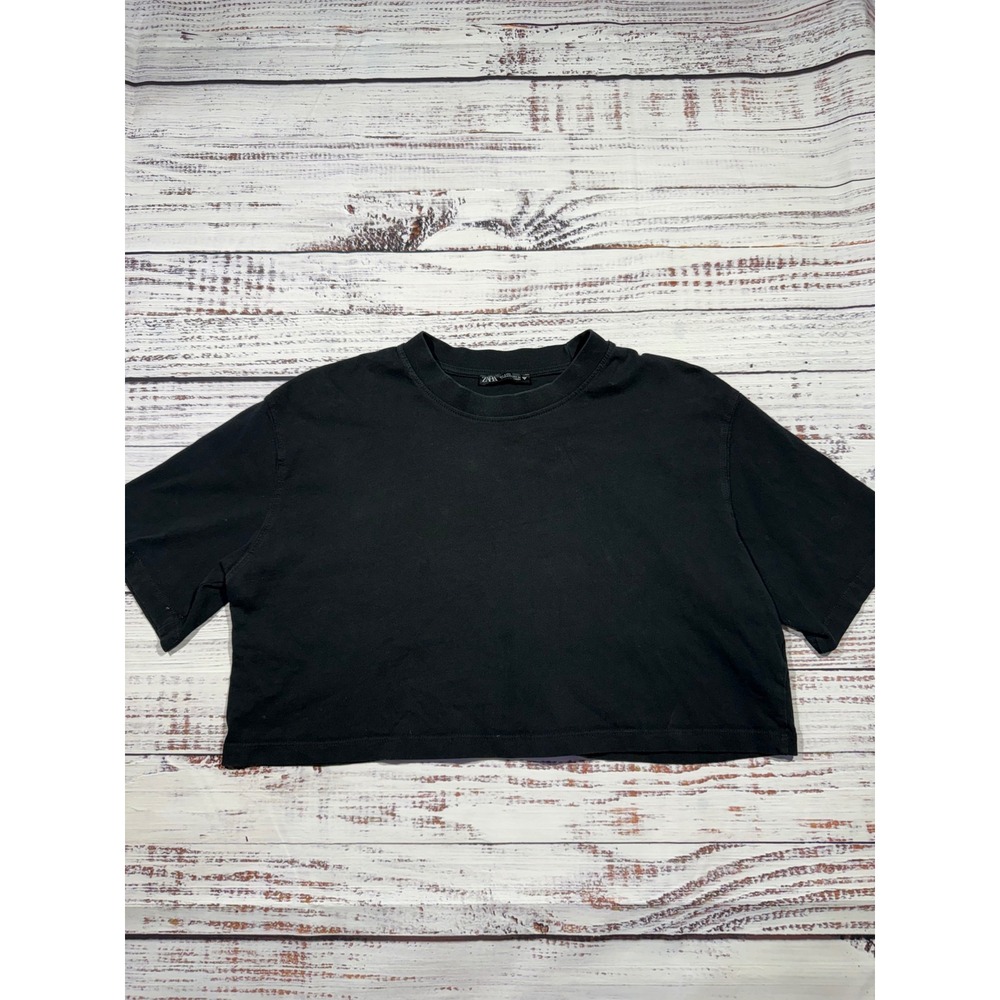 Zara Womens Black Cropped T-Shirt Short Sleeve Crew Neck Boxy Tee Large